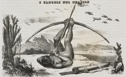 Uomo caboclo con archi e frecce, Brasile, litografia di Salvatore Puglia da Poliorama Pittoresco, n. 41, 18 maggio