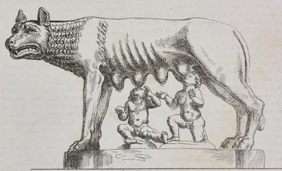 Lupa capitolina, statua in bronzo, Roma, Lazio, Italia, litografia di Salvatore Puglia da Poliorama Pittoresco, n. 25, 25 gennaio