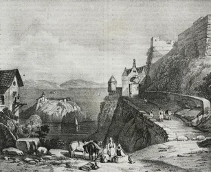 Castello di Parga, Albania, litografia di Salvatore Puglia da Poliorama Pittoresco, n 9, 9 ottobre