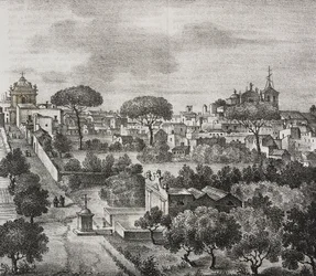 Veduta orientale di Mesagne, Puglia, Italia, litografia di Salvatore Puglia da Poliorama Pittoresco, n. 45, 15 giugno