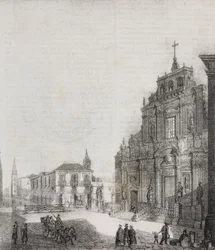 Facciata della Basilica di San Sebastiano ad Acireale, Sicilia, Italia, litografia di Salvatore Puglia da Poliorama Pittoresco, n. 39, 3 maggio