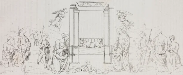 Natività di Fontignano, Adorazione dei pastori, litografia di Salvatore Puglia dopo un dipinto di Pietro Perugino (circa 1450-1523) da Poliorama Pittoresco, n 42, 24 maggio