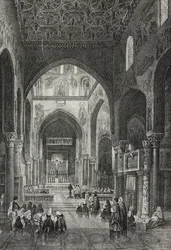 Interno della Cappella Palatina nel Palazzo dei Normanni o Palazzo Reale a Palermo, Sicilia, Italia, litografia di Salvatore Puglia da Poliorama Pittoresco, n 41, 21 maggio
