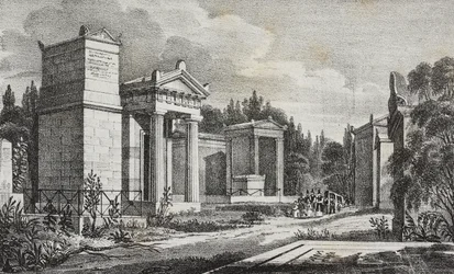Cimitero di Père-Lachaise, Parigi, Francia, litografia di Salvatore Puglia da Poliorama Pittoresco, n 19, 17 dicembre