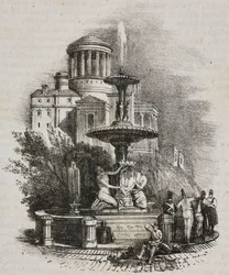 Fontana del Prado, Madrid, Spagna, litografia di Salvatore Puglia da Poliorama Pittoresco, n. 39, 4 maggio