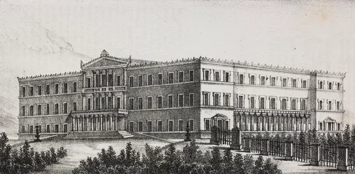 Palazzo Reale ad Atene, Grecia, litografia di Salvatore Puglia da Poliorama Pittoresco, n 5, 9 settembre