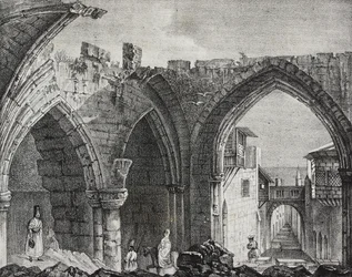Rovine lungo la Strada dei Cavalieri, Città di Rodi, Grecia, litografia di Salvatore Puglia da Poliorama Pittoresco, n.3, 27 agosto