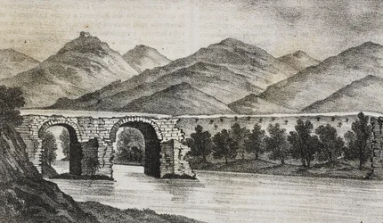 Il ponte rotto vicino a Capua, Campania, Italia, litografia di Salvatore Puglia da Poliorama Pittoresco, n.23, 13 gennaio