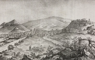 Veduta di Atene, Grecia, litografia di Salvatore Puglia da Poliorama Pittoresco, n. 1, 13 agosto