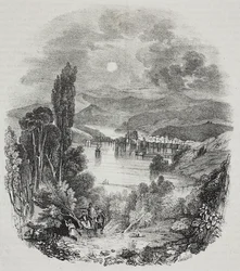 Veduta del lago Cefiso nei dintorni di Beozia, Grecia, litografia di Salvatore Puglia da Poliorama Pittoresco, n 9, 8 ottobre