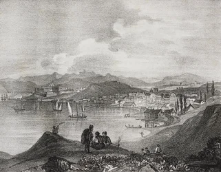 Veduta di Corfù dal Monte Oliveto, Isole Ionie, Grecia, litografia di Salvatore Puglia da Poliorama Pittoresco, n.25, 25 gennaio
