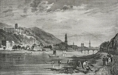 Veduta di Heidelberg, Germania, litografia di Salvatore Puglia da Poliorama Pittoresco, n 28, 19 febbraio