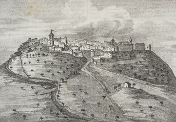 Vista di Montefuscolo, oggi Montefusco, Campania, Italia, da Poliorama Pittoresco, n. 41, 20 maggio