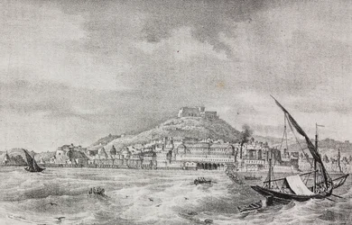 Veduta di Napoli dal mare, Campania, Italia, litografia di Salvatore Puglia da Poliorama Pittoresco, n 2, 17 agosto