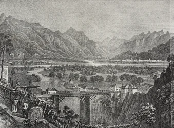 Veduta della Valle Ossola dal Sempione, Piemonte, Italia, litografia di Salvatore Puglia da Poliorama Pittoresco, n.28, 18 febbraio