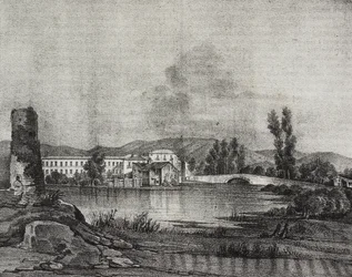 Veduta della fabbrica e chiesa di Santa Restituta sulle rive del fiume Fibreno a Cornello, Lazio, Italia, da Poliorama Pittoresco, n. 16, 26 novembre