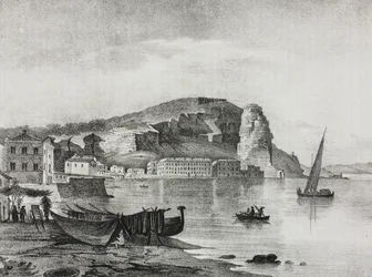 Veduta di Terracina, Lazio, Italia, da Poliorama Pittoresco, n. 22, 8 gennaio