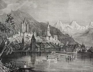 Veduta di Thun, Canton Berna, Svizzera, da Poliorama Pittoresco, n. 35, 9 aprile