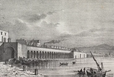 Veduta della ferrovia a Torre Annunziata, Campania, Italia, litografia di Gaetano Riccio da Poliorama Pittoresco, n 21, 31 dicembre