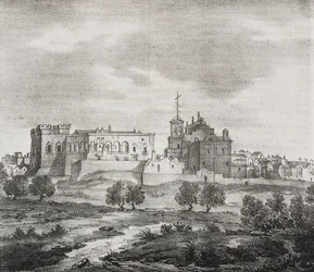 Vista occidentale di Mesagne, Puglia, Italia, litografia di Salvatore Puglia da Poliorama Pittoresco, n. 47, 29 giugno