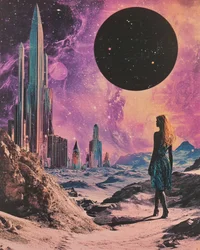 Donna nel paesaggio urbano cosmico