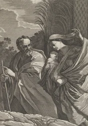 La fuga in Egitto, la Vergine che porta il bambino Gesù, Giuseppe che indica, ca. 1635-57