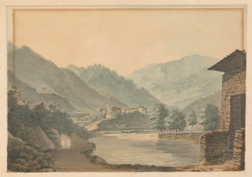 Scena Montuosa con Edifici e Fiume