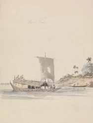 Vista sul fiume con una giunca (vicino a Rajmahal?)