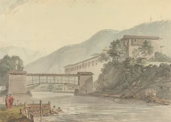 Vista di Tashichoedzong, Bhutan e ponte pedonale