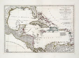 Mappa completa delle Indie Occidentali contenente le coste della Florida, Louisiana, Nuova Spagna e Terra Firma con tutte le isole