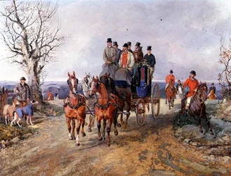 Una carrozza e quattro cavalli sulla strada aperta