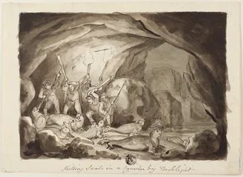 Uccisione di foche in una caverna alla luce delle torce (recto); schizzo di cacciatori e tavola (verso)