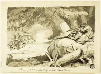 Esiliati siberiani che sparano a renne selvatiche (recto); Conchiglia (verso)
