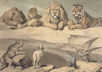 Un cinghiale, un leopardo, un leone, una tigre, un lupo, un ariete e due aquile
