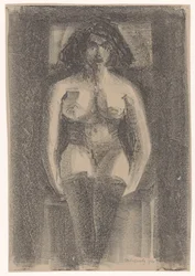 Nudo femminile seduto, con calze