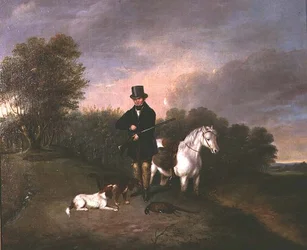 Cacciatore con cani e selvaggina