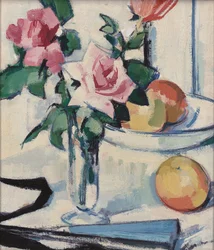 Natura morta con rose rosa