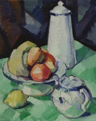 Natura morta con teiera e frutta su una tovaglia verde, c.1913