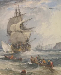 Navi a vela e piccole barche in mare mosso al largo della costa