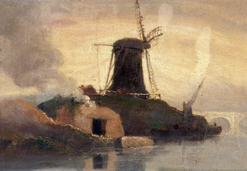 Mulino a vento e fornace di mattoni sul fiume