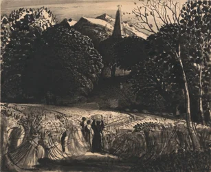 Campo di grano e chiesa al chiaro di luna