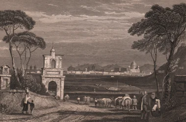 Roma con la cupola della Basilica di San Pietro a destra, Lazio, Italia, incisione su acciaio da un disegno di Samuel Prout