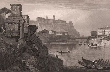 Il fiume Tevere con il Monte Aventino sullo sfondo, Roma, Lazio, Italia, incisione in acciaio da un disegno di Samuel Prout (1783-1852), circa 15x11.5 cm