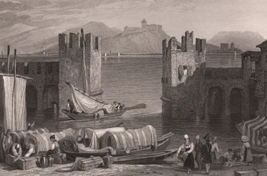 Veduta del castello di Angera ad Arona, Lago Maggiore, Piemonte, Italia (incisione su acciaio)