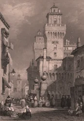 Veduta del Castello Estense, Ferrara, Emilia-Romagna, Italia, incisione in acciaio di John Godfrey (ca 1817-1889) dopo un disegno di Samuel Prout (1783-1852), ca 26x17 cm, pubblicato da Blackie and Son