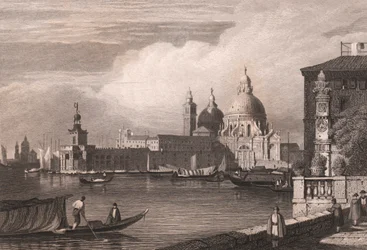 Veduta del Canal Grande con Punta della Dogana e Basilica di Santa Maria della Salute sullo sfondo, Venezia, Veneto, Italia, incisione in acciaio da un disegno di Samuel Prout (1783-1852), circa 15x11.5 cm