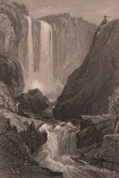 Vista delle Cascate delle Marmore vicino a Terni, Umbria, Italia, incisione su acciaio dopo un disegno di Samuel Prout