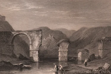 Veduta delle rovine romane del Ponte di Augusto sul fiume Nera a Narni