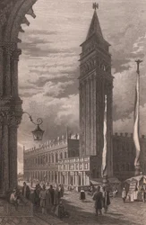 Veduta del Campanile di San Marco a Venezia, Veneto, Italia, incisione in acciaio da un disegno di Samuel Prout (1783-1852), circa 15x11.5 cm