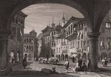 Veduta della piazza del mercato a Domodossola, Piemonte, Italia (incisione su acciaio)